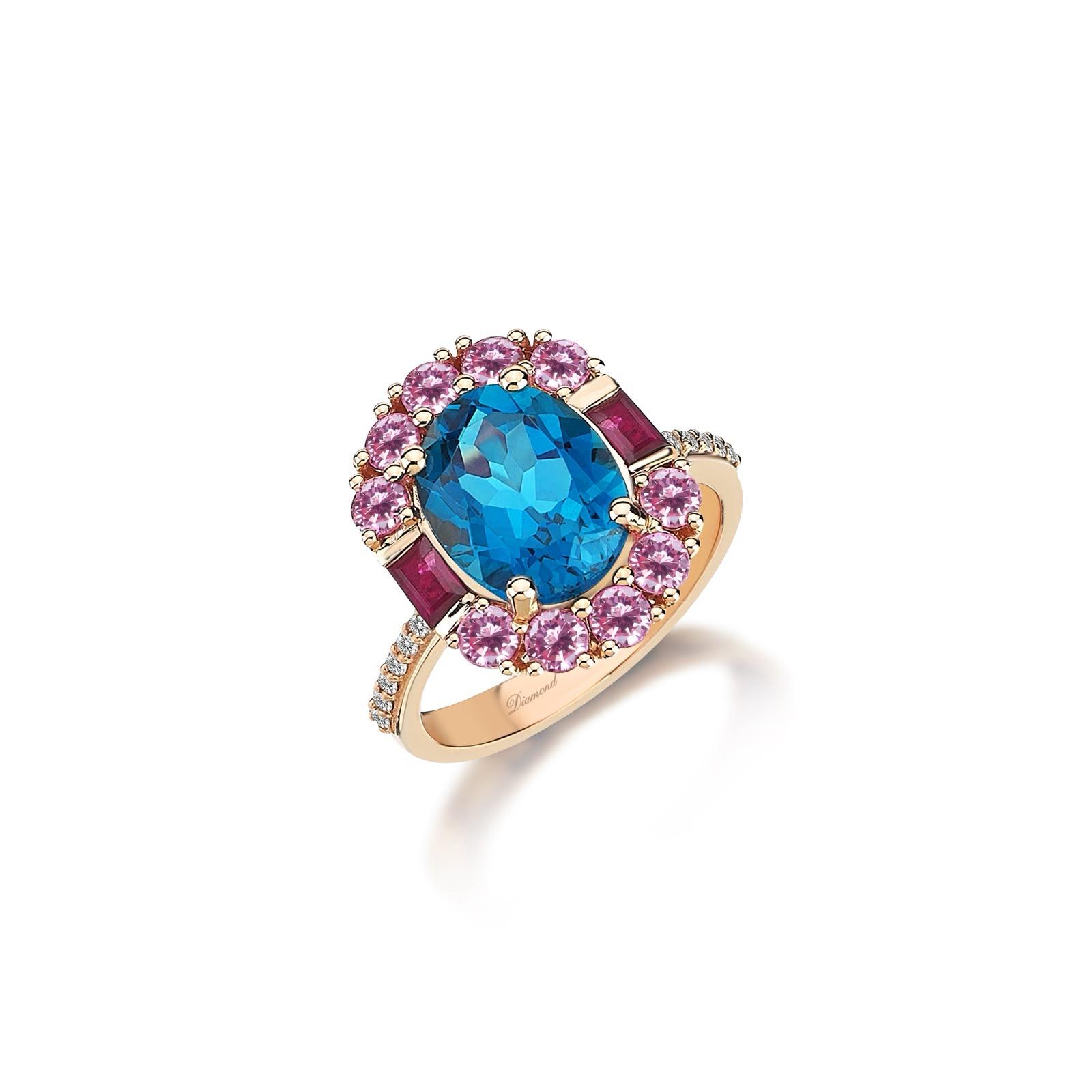 Mavi Topaz Pembe Safir Yakut Yüzük